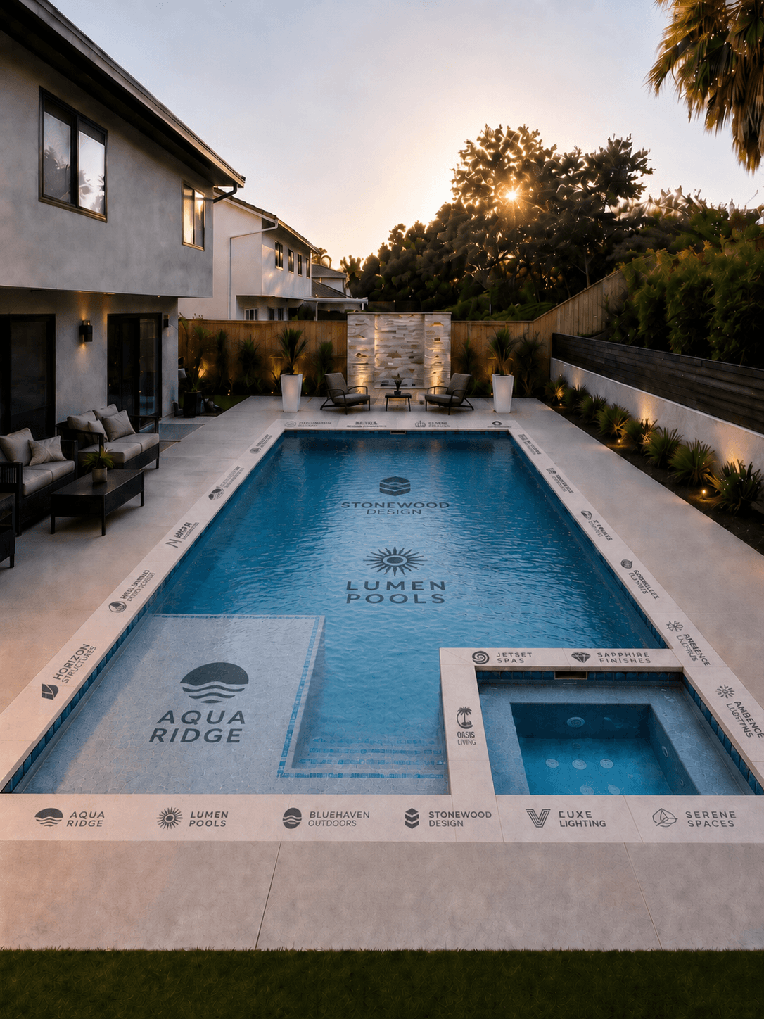 Conceptual sponsor placements across the planned backyard swimming pool